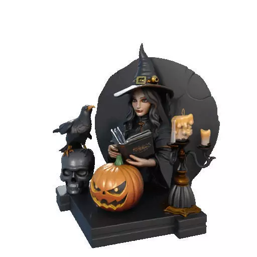 2530Halloween Witch with Spell book Skull Raven and Pumpkin 3D print model_36