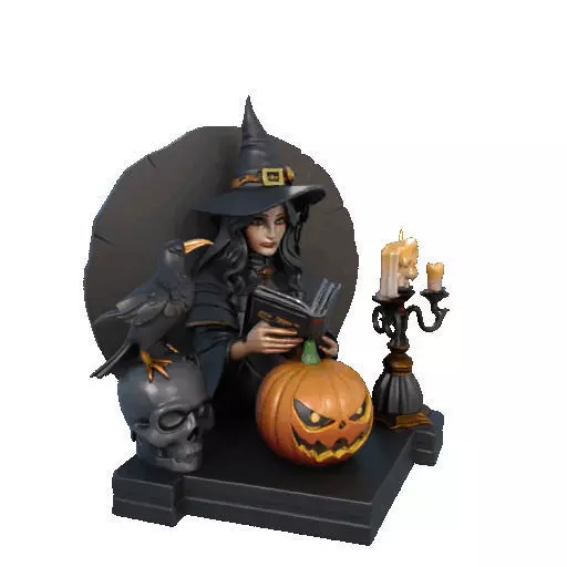 2530Halloween Witch with Spell book Skull Raven and Pumpkin 3D print model_10