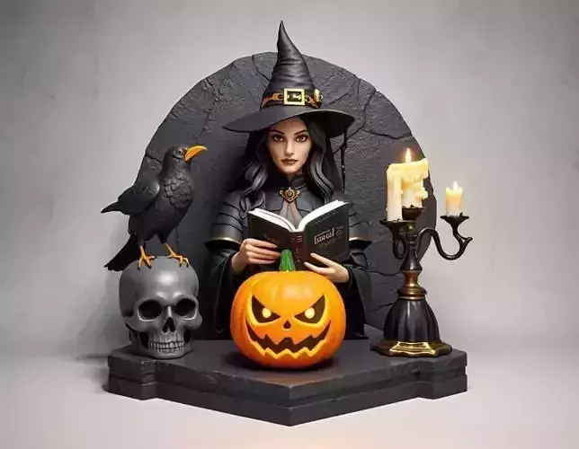 2530Halloween Witch with Spell book  Skull  Raven and Pumpkin