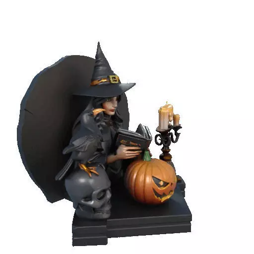 2530Halloween Witch with Spell book Skull Raven and Pumpkin 3D print model_12