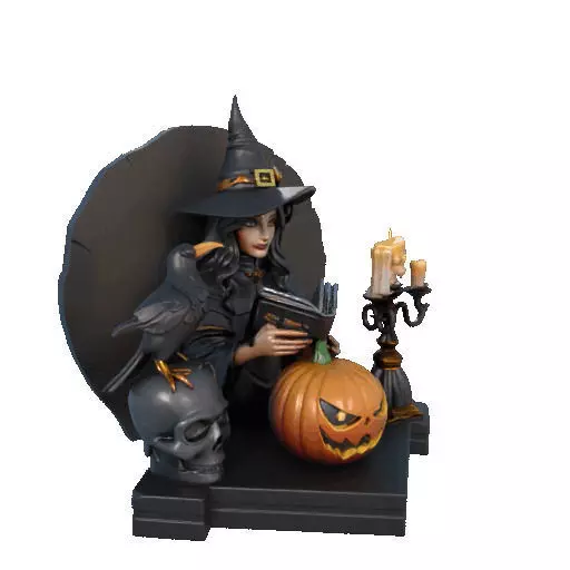 2530Halloween Witch with Spell book Skull Raven and Pumpkin 3D print model_11