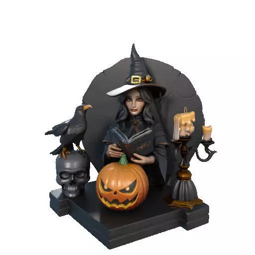 2530Halloween Witch with Spell book Skull Raven and Pumpkin 3D print model_37