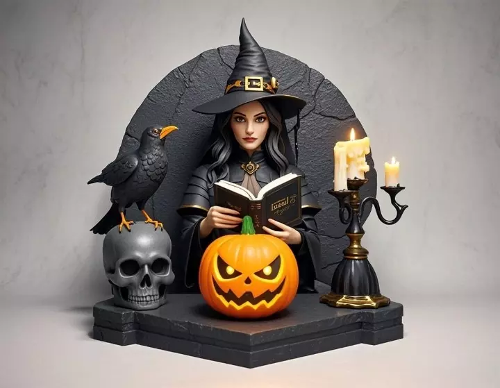 2530Halloween Witch with Spell book Skull Raven and Pumpkin 3D print model_3