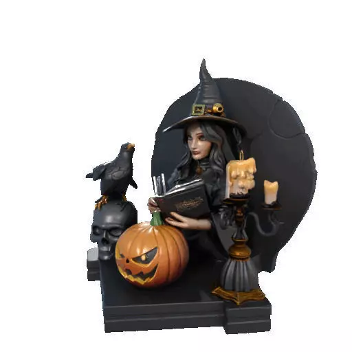 2530Halloween Witch with Spell book Skull Raven and Pumpkin 3D print model_35