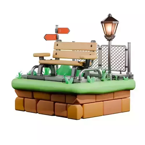 Cartoon Park Bench Street Lamp 3D Model Set - Game Asset