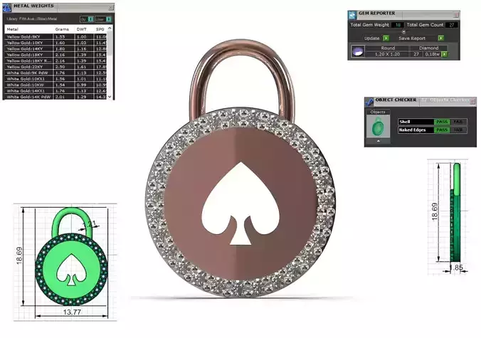 Lock Pendant Round Padlock with Spade Symbol jp0372