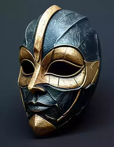 Luxury Warrior Mask 3D Model Gold Accents Black Leather Texture