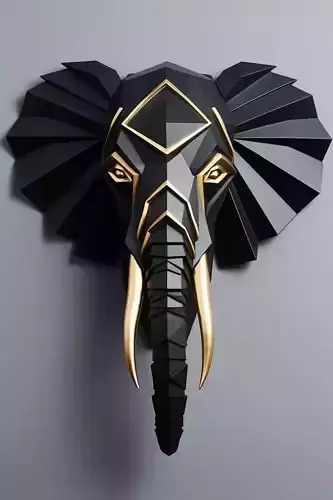 Geometric Elephant Head 3D Model Black Gold Facets Wall Art