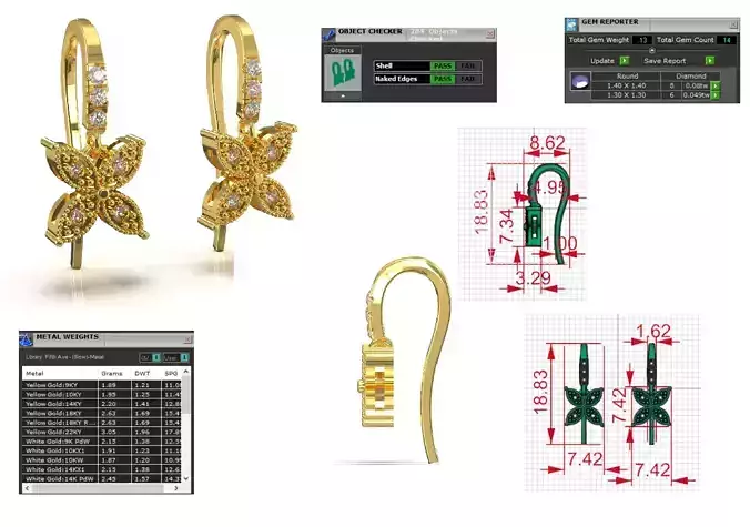 Earrings Paved Flower Bird Drop Huggie model je0144