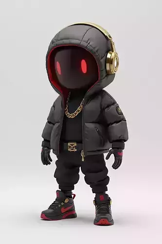 Streetwear Hoodie Robot 3D Model Red Glow Eyes Gold Chain