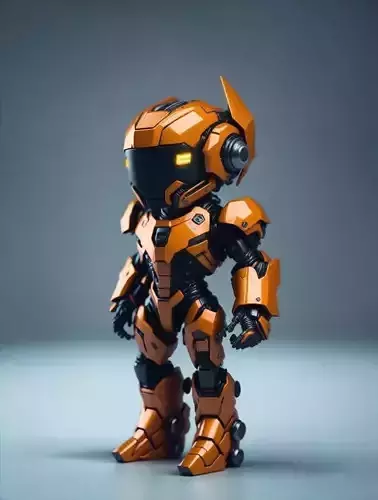 Orange Mech Robot 3D Model Glowing Eyes Chibi Design