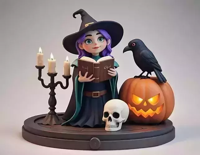 2532Halloween Witch with Spell book  Skull  Raven and Pumpkin