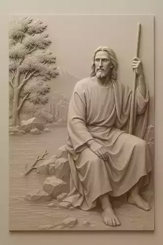 Jesus Christ Sitting by the Stream 3D Bas-Relief