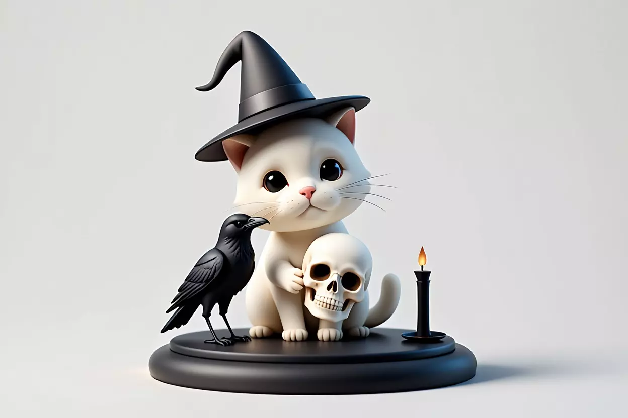 2533 Witch Cat with Skull Raven and Candlestick 3D print model_3