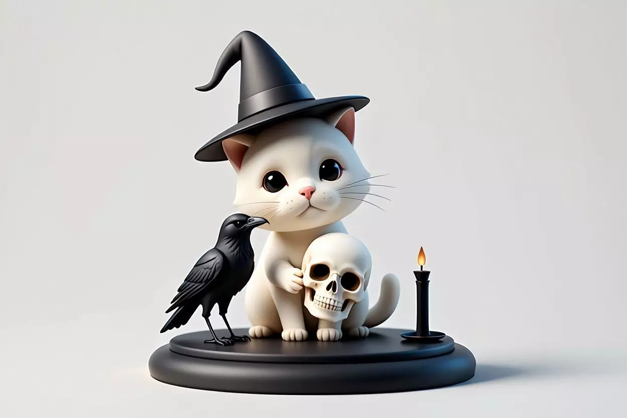 2533 Witch Cat with Skull Raven and Candlestick 3D print model_2