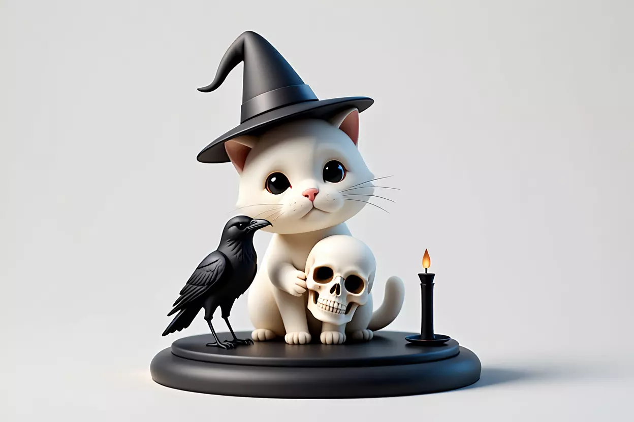 2533 Witch Cat with Skull Raven and Candlestick 3D print model_1