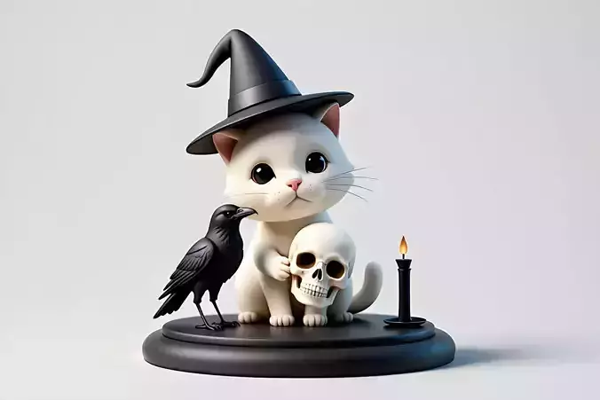 2533  Witch Cat   with   Skull  Raven  and Candlestick