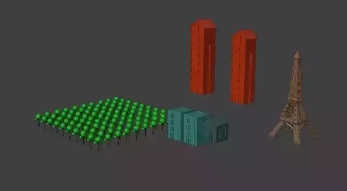City Pack Eiffel Tower Buildings  Trees Low Poly blend obj fbx