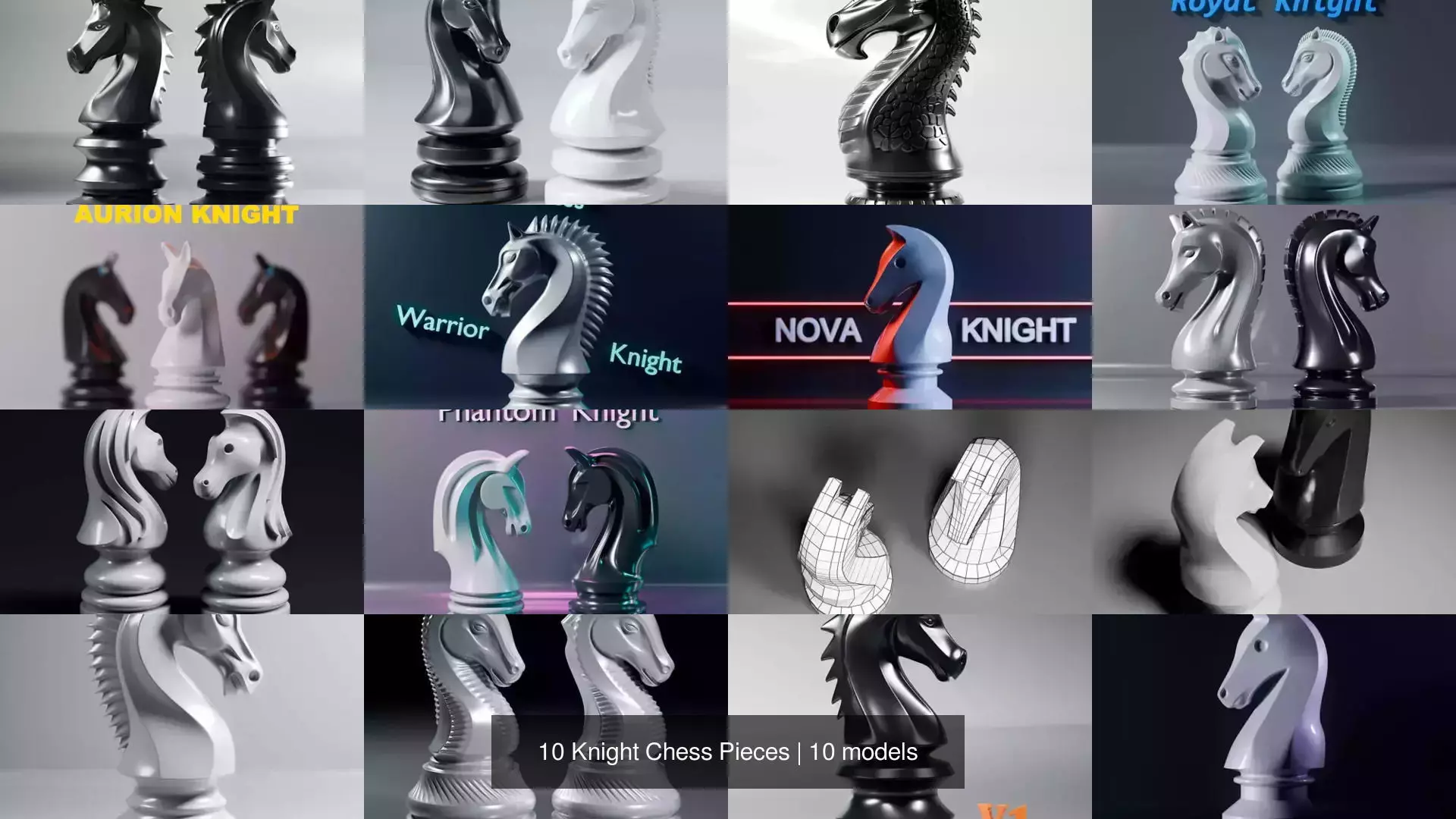 10 Knight Chess Pieces 3D Model Collection_0