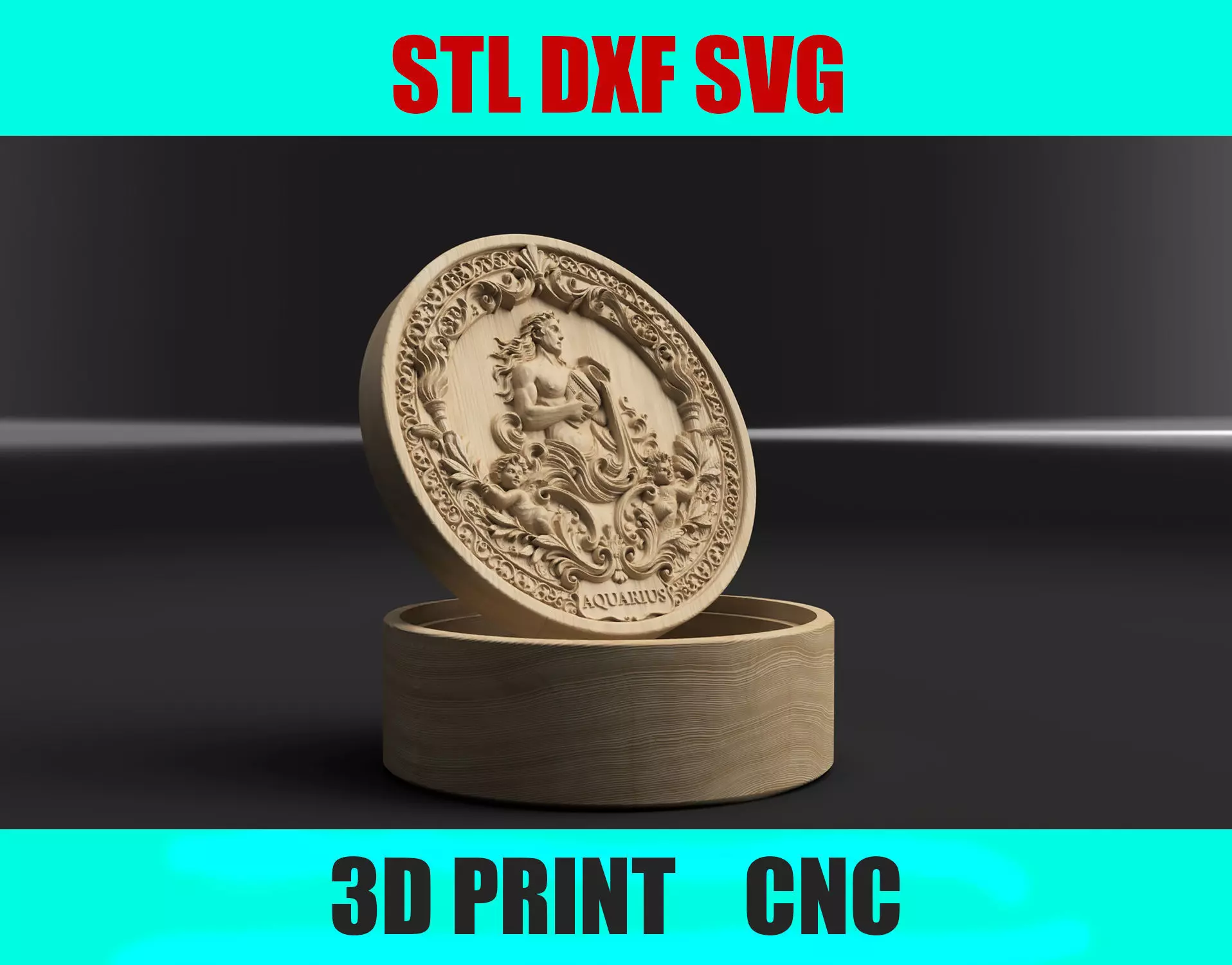 Aquarius Zodiac Round Box 3D Relief Jewelry Box 3D print model_0