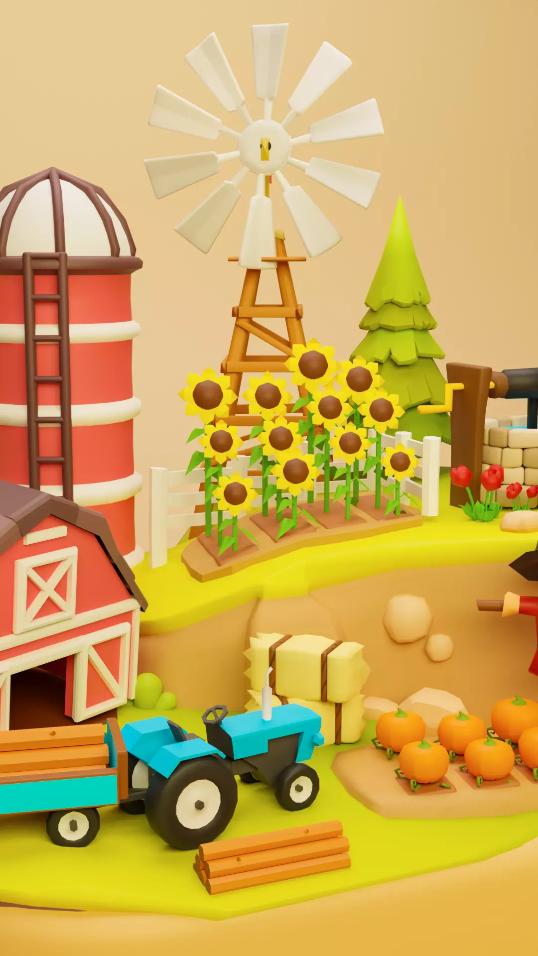 Low Poly Cartoon Farmhouse Diorama Low-poly 3D model_1