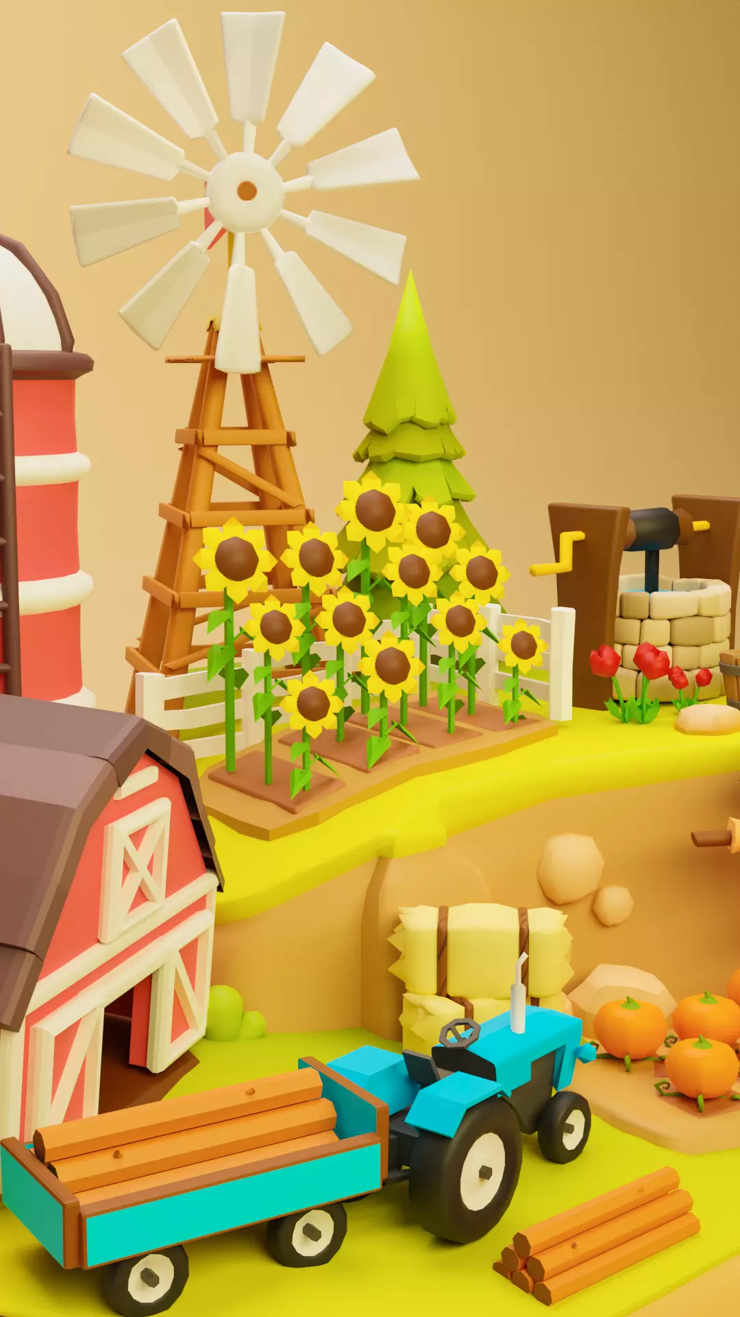 Low Poly Cartoon Farmhouse Diorama Low-poly 3D model_2