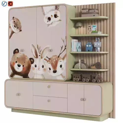 Modern Kids Wardrobe with Cute Animal Decals 3D model