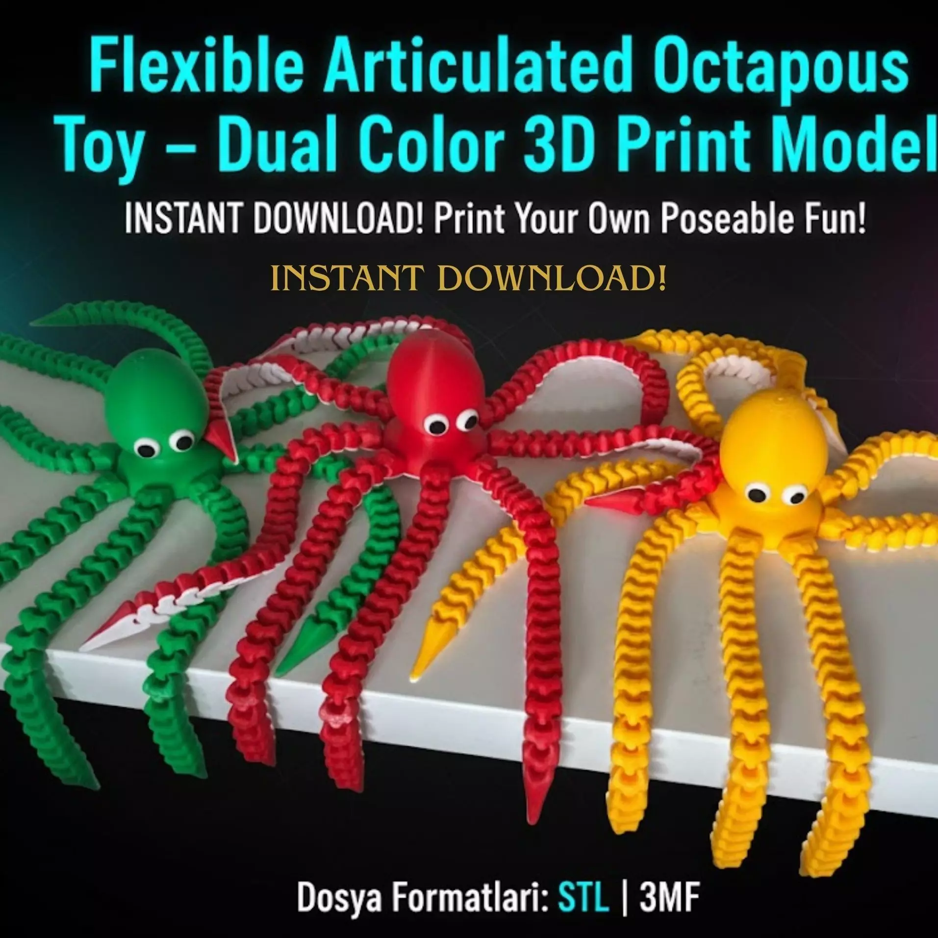 Flexible Articulated Octopus Toy Dual Color 3D Print Model Free 3D print model