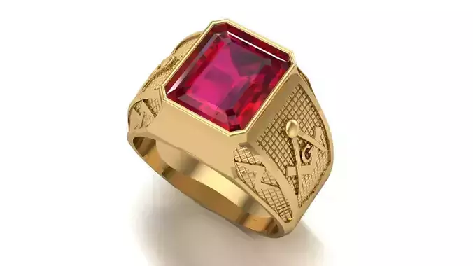 Masonic ring with rectangular emerald and embossed side symbols