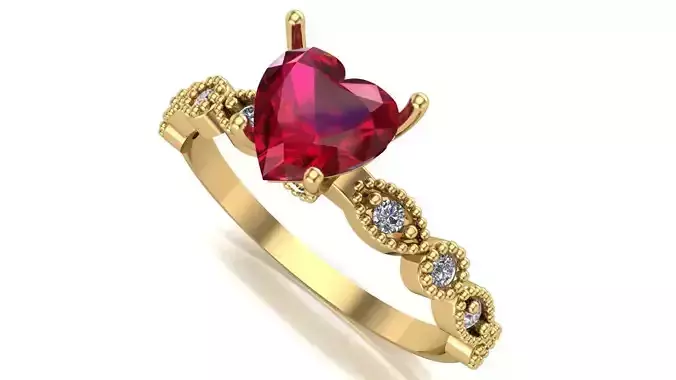 Heart gemstone ring with detailed band and brilliant stones