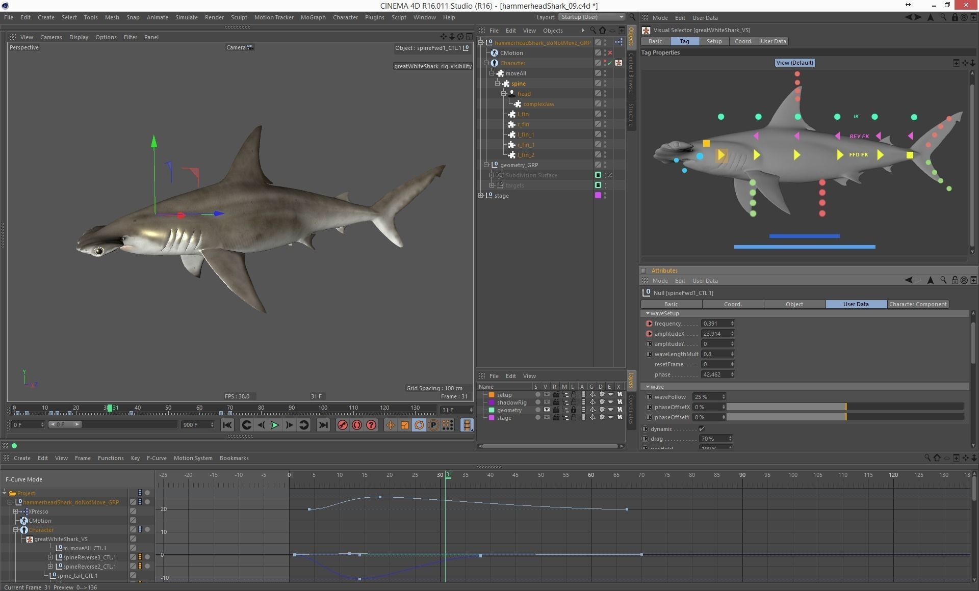 Hammerhead shark rigged and animated for Cinema 4d 3D model Low-poly 3D model_19