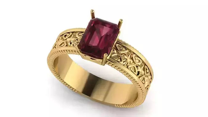 Ring with detailed band and rectangular gemstone