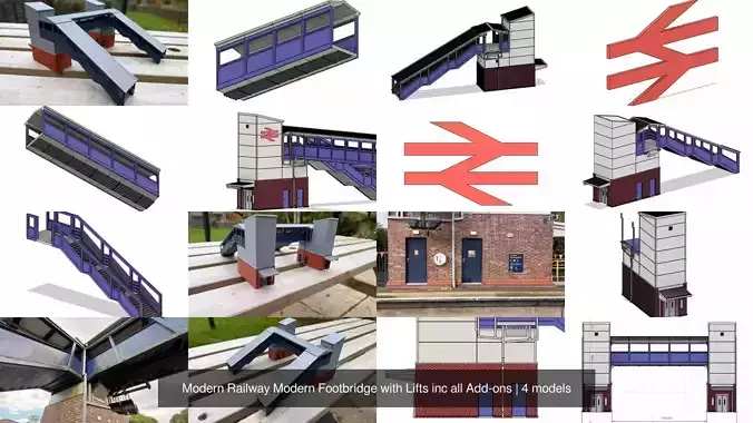 Modern Railway Modern Footbridge with Lifts inc all Add-ons 3D Model Collection