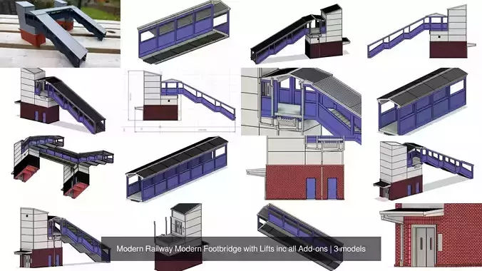 Modern Railway Modern Footbridge with Lifts inc all Add-ons