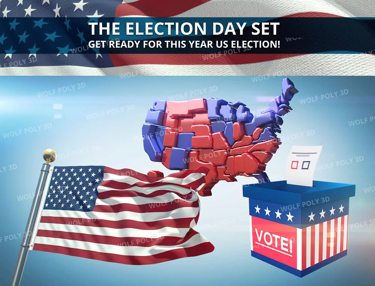 USA - Election Day Set Flag Map and Vote Box 3D model_0