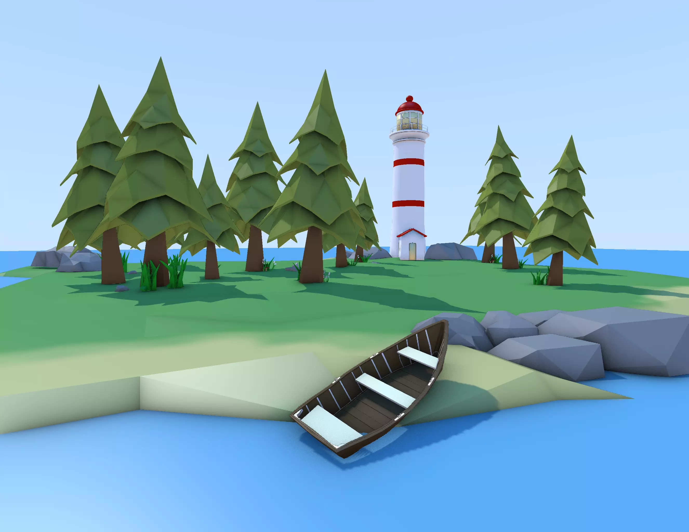 Low Poly Lighthouse Island with Boat Low-poly 3D model_0