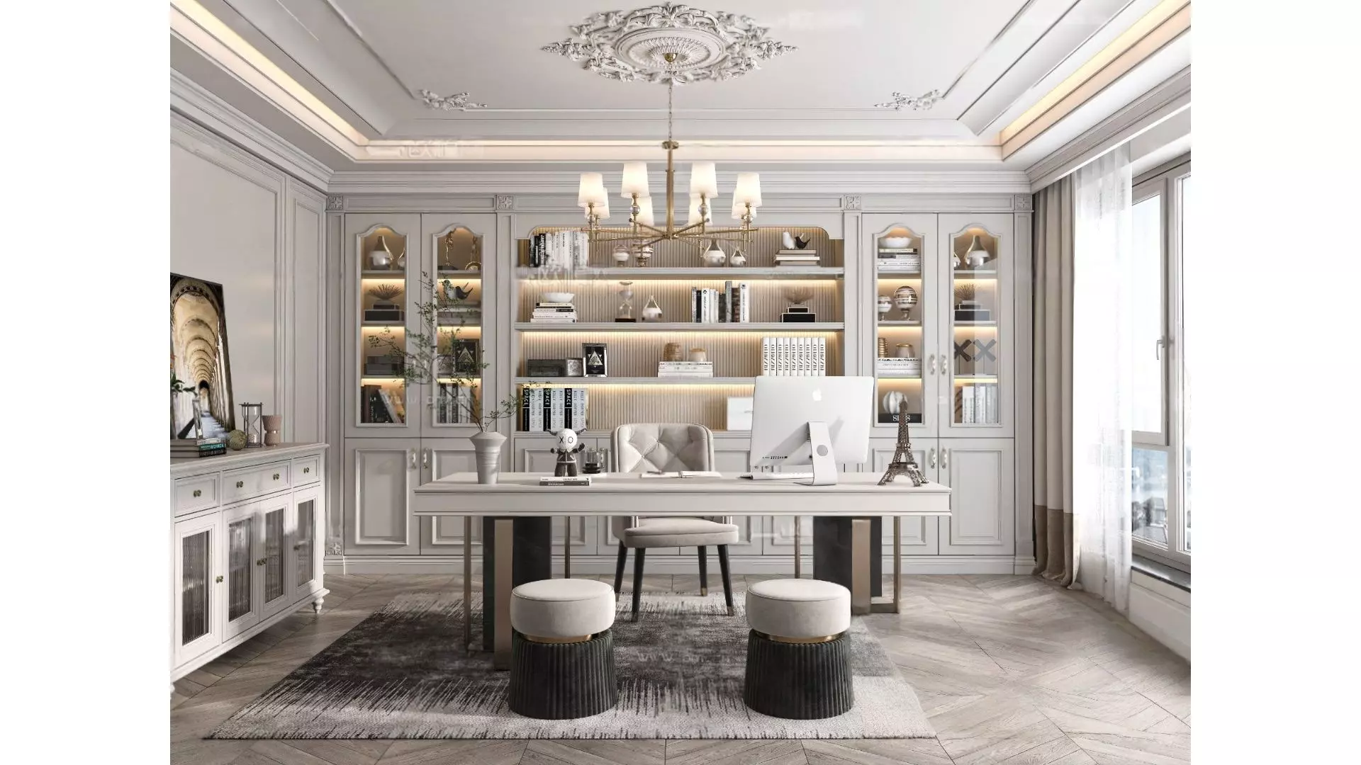 French-style Light Luxury Study Room 3D model_0