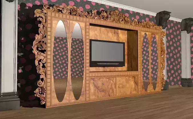Wooden furniture wall with ornaments  3D model