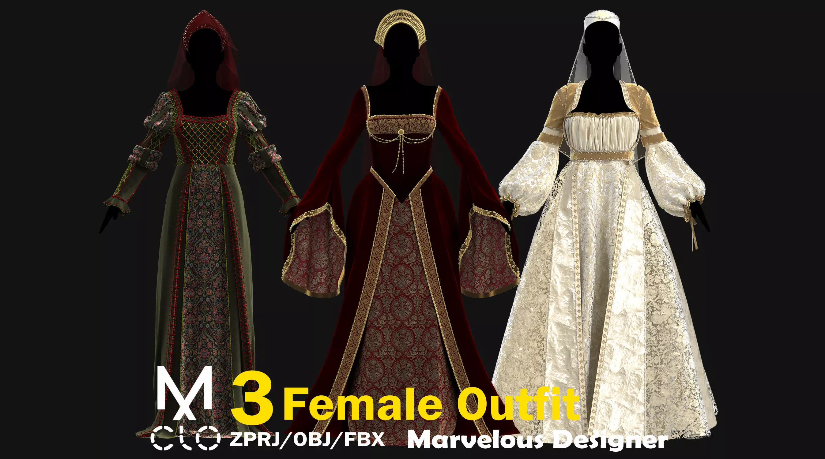 3 Female Medieval Dress-M 3D model_0