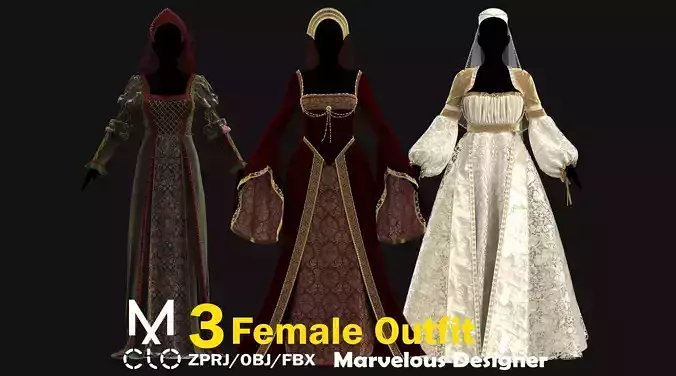 3 Female Medieval Dress-M 3D model 3 Female Medieval Dress-M 3D model