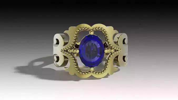 Beaded Gold Ring with Blue Gemstone 