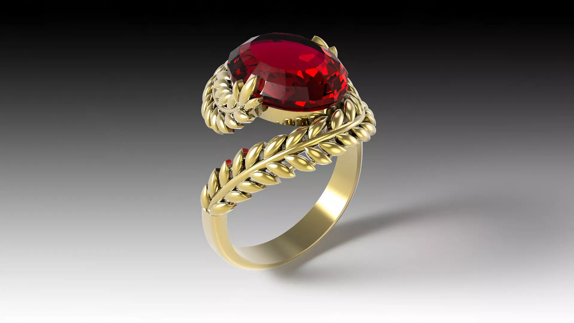  Elegant Gold Leaf Ring with Red Gemstone  3D print model_2