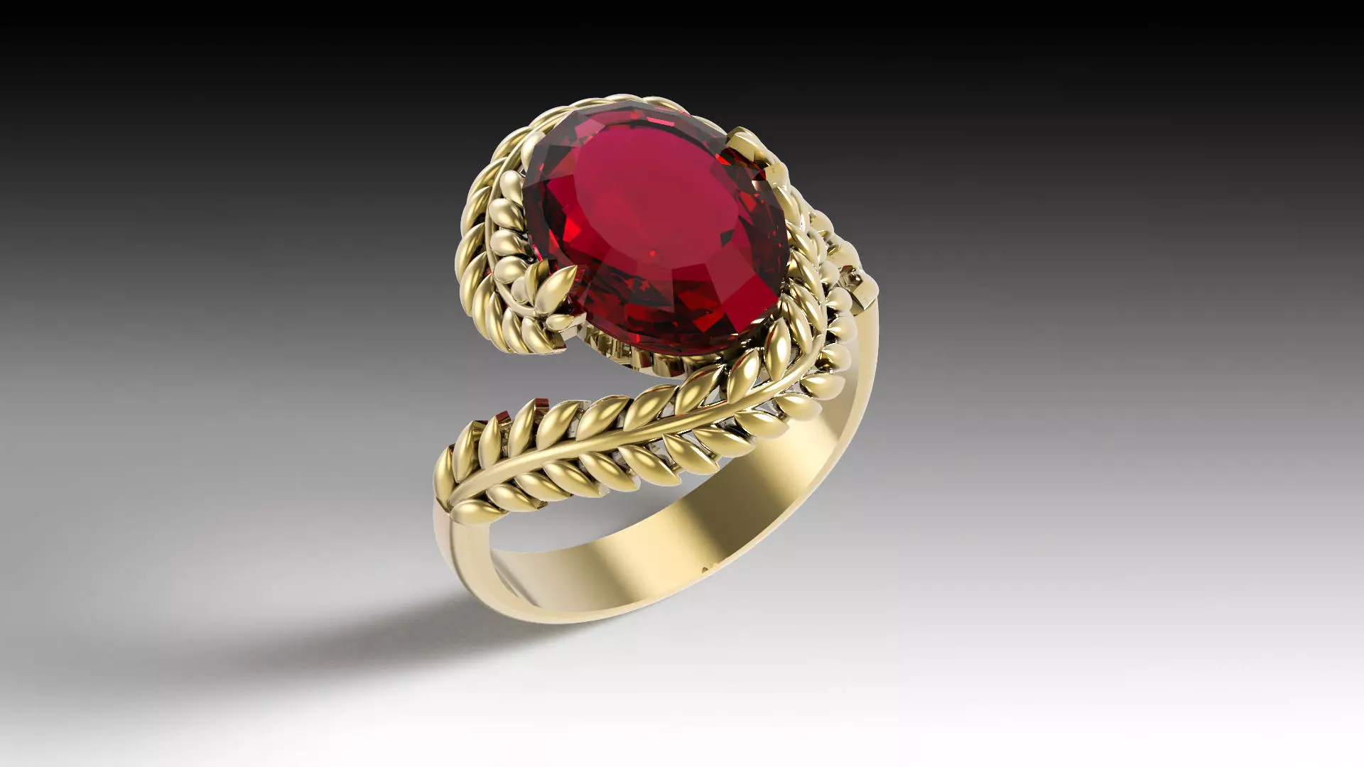  Elegant Gold Leaf Ring with Red Gemstone  3D print model_0