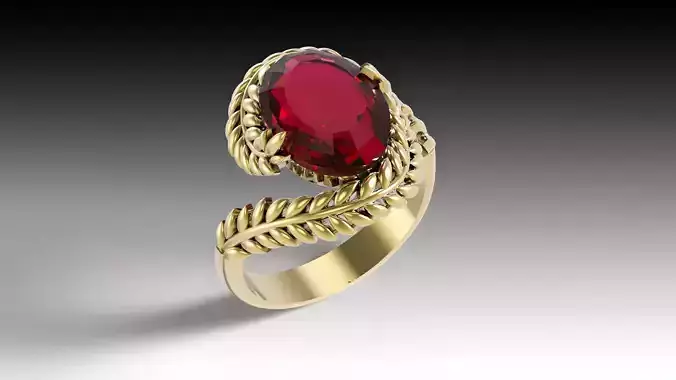  Elegant Gold Leaf Ring with Red Gemstone 