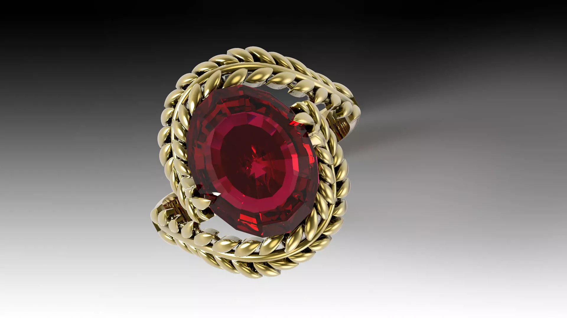  Elegant Gold Leaf Ring with Red Gemstone  3D print model_1