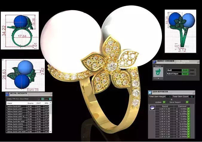 Dual Pearl Paved Flower stl 3dm jewelry Ring model pr0073