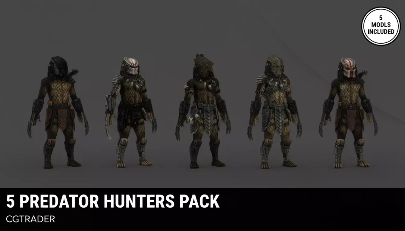 Predator 3D Models Collection 5 Rigged Alien Hunters Bundle 3D Model Pack