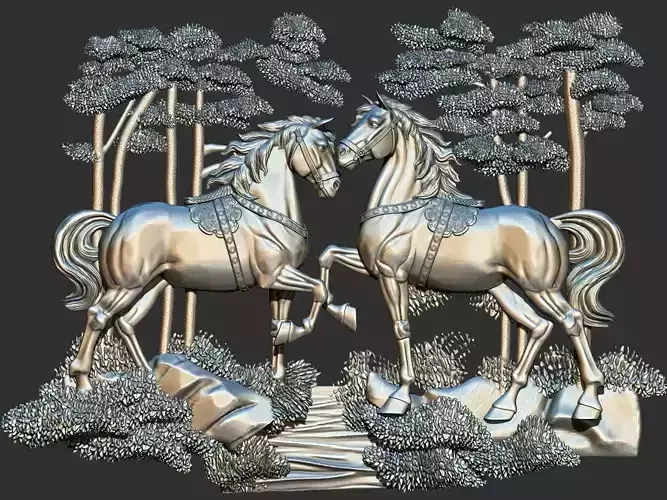Horse in Trees 3D Model Relief for 3D Printing and CNC Carving