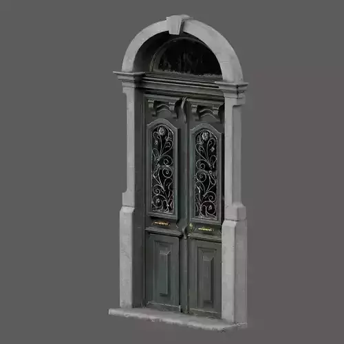 Green Wooden Door With Metallic Ornament On Windows