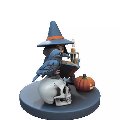 2550Halloween Witch with Spell book Skull Raven and Pumpkin 3D print model_12